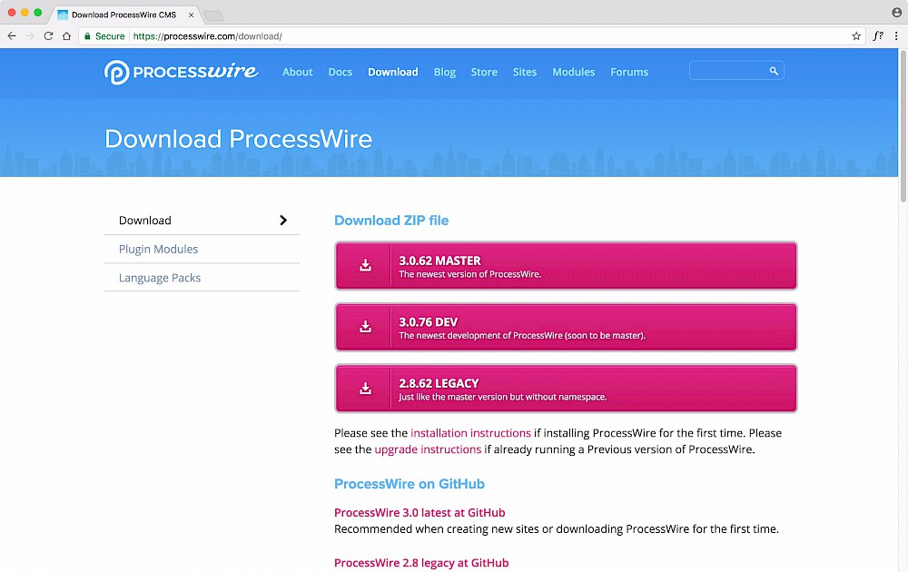 The official processwire downloads page