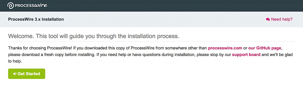 Processwire welcome screen