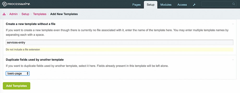 Creates a new template services-entry with fields cloned from basic-page